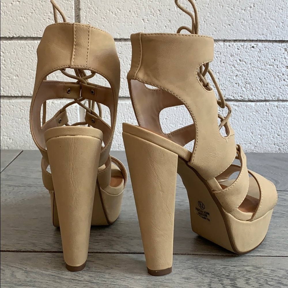 Beige Open Toe Strappy Lace Up Platform Heel - Picture 3 of 8